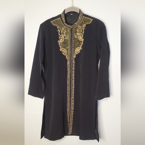 Black Tunic with Gold Embroidery Mandarin Collar Sherwani Kaftan Size 10 - Picture 1 of 10